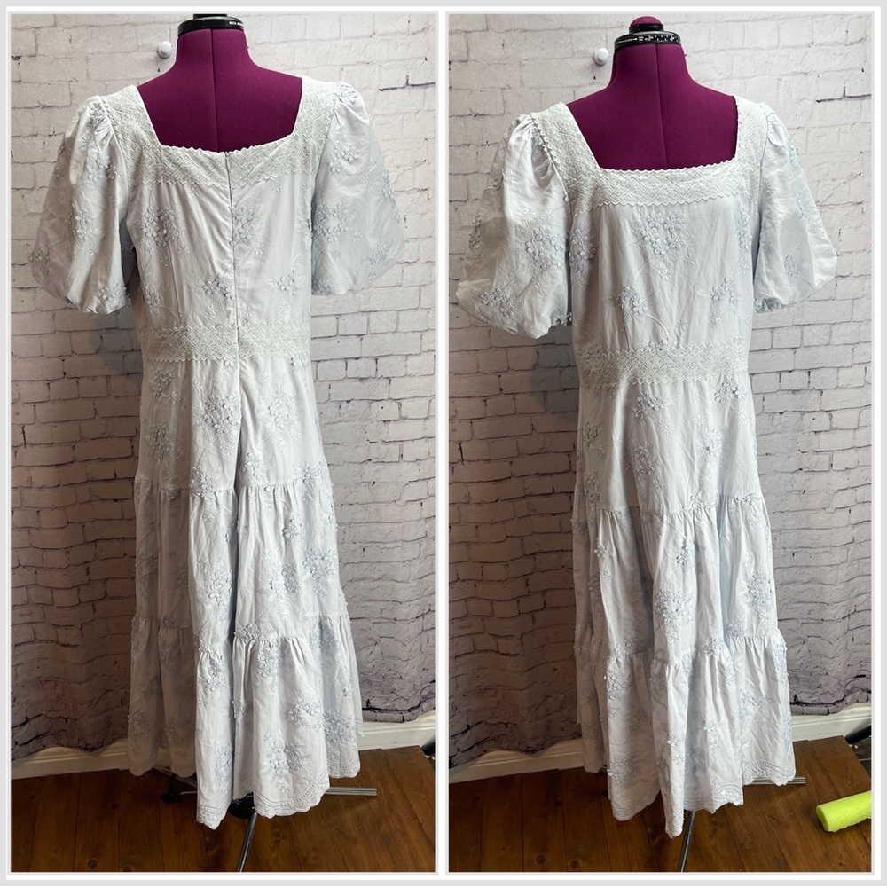 Rachel Parcell Floral Embroidered Tiered Midi Dress in Ancient Water size XL